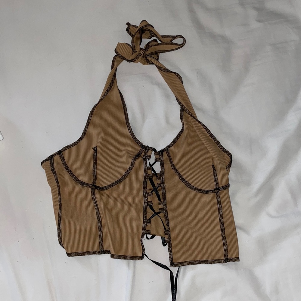Tan Halter Top with Lace Up Front